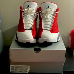 Mens 9.5 Air Jordan Retro 13, red, grey and white, lightly worn.